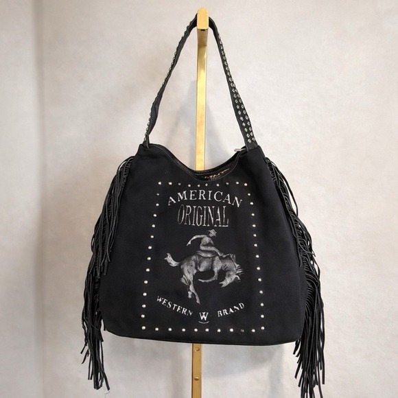 Raviani Handbags - Raviani Black Fringe Hand Bag American Original Bronco Logo Studded 19"